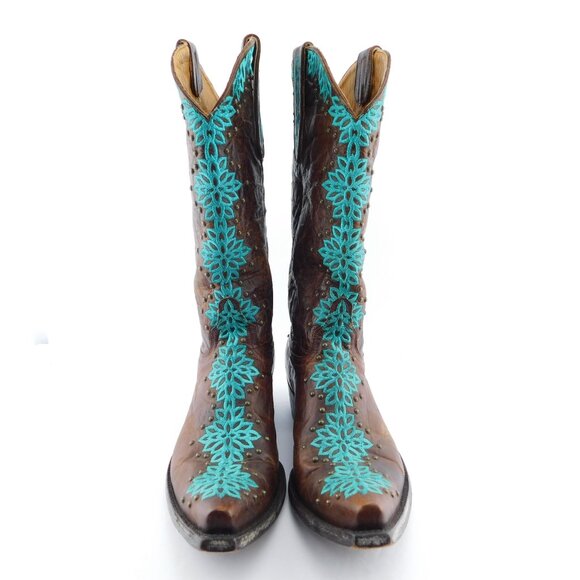 OLD GRINGO Aqua Turquoise Floral Embroidered Brown Studded Western Boots 8.5 - Picture 1 of 10